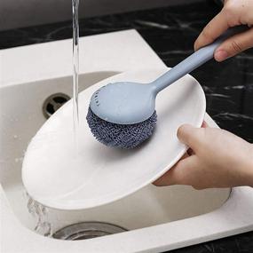 img 1 attached to 🧽 Versatile Kitchen Dish Cleaning Scrub Brush Set - Long Handle with 2 Anti-Scratch Dish Scrubbers and 2 Scouring Heads, Ideal for Cleaning Coated Pots, Utensils, and Dishes - Blue