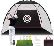 blended golf net: 10x7ft 7-in-1 practice net with tri-turf xl mat, target cloth, 6 balls, 7 tees, carry bag - heavy duty net for driving, chipping, backyard, indoor & outdoor golfing logo