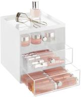 💄 mdesign plastic makeup organizer storage cube with drawers - bathroom vanity, cabinet, countertop solution for lip gloss, eyeshadow palettes, brushes, blush, mascara - white/clear логотип