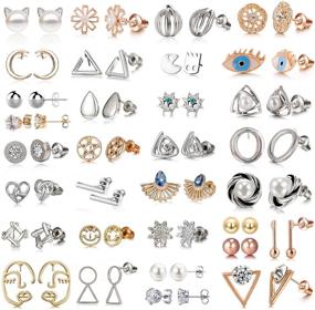 img 4 attached to 👂 Set of 32 Assorted Stainless Steel Stud Earrings for Teens Girls Women - Cute Animal, Faux Pearl, Cat, Elephant, Sun Moon Star, CZ, Twisted Heart, Geometric Pattern, Small Statement, Bar Stud Earring Collection