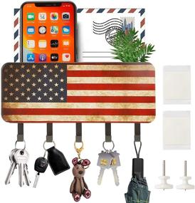 img 4 attached to Decorative Wall Key Holder with Mail Sorter Basket, 5 Key Hooks - Rustic American Flag Design for Entryway, Mudroom, Living Room