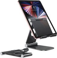 optimized tablet stand: adjustable aluminum ipad holder stand for new ipad(10.2)/ipad air/ipad pro/ipad mini, samsung tablets, and phone - fully foldable - black logo