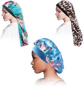 img 4 attached to 🔥 Large Satin Bonnets for Black Women - Set of 3 Silk Hair Bonnets with Wide Elastic Band for Optimal Sleep