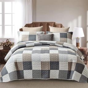 img 4 attached to Y-PLWOMEN King Plaid Quilt Bedspread Set - Stylish Cotton Grey Black Brown Patchwork Bedding, Reversible Lightweight Comforter - All Season, King Size, 3 Piece