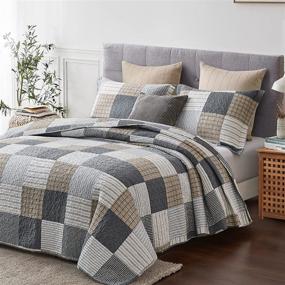 img 3 attached to Y-PLWOMEN King Plaid Quilt Bedspread Set - Stylish Cotton Grey Black Brown Patchwork Bedding, Reversible Lightweight Comforter - All Season, King Size, 3 Piece