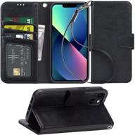 📱 arae iphone 13 case [non-pro version] with card holder & wrist strap wallet flip cover - iphone 13 6.1 inch - black logo