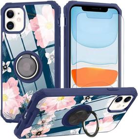 img 4 attached to 🌸 iPhone 11 Case Pink Floral Design with Ring Holder Kickstand, 360 Degree Screen Protector, Magnetic Car Mount Compatible, Women Girls Cute Flower Cover Case for iPhone 11 6.1" - Blue