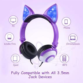 img 2 attached to Foldable Cat Ear Headset with LED Lights - Kids Headphones Over Ear, Microphone & Volume Control - Compatible with iPhone/iPad/Laptop/PC/TV - Pink & Purple Options