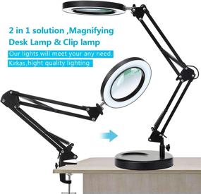 img 1 attached to KIRKAS 2-in-1 Stepless Dimmable Magnifying Desk Lamp with Clamp, Swivel Arm Light and Stand, LED Magnifying Glass with Light, 3 Color Modes, Lighted Magnifier Lens for Reading, Crafts, Close Works - Black