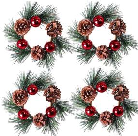 img 4 attached to 🕯️ Set of 4 Artificial Pine Cone and Red Christmas Ball Candle Rings with Red Accents – Enhance Your Christmas Candle Holder with Mini Wreaths, 7.1" Wide for Holiday Winter Season Decoration