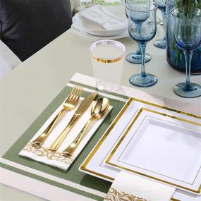 img 1 attached to FOCUSLINE 175 Piece Gold Dinnerware Set for 25 Guests - Elegant Square Plastic Plates, Gold Plastic Silverware, Cups, and Linen-Like Paper Napkins - Disposable Dinnerware Set