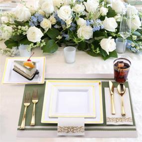 img 2 attached to FOCUSLINE 175 Piece Gold Dinnerware Set for 25 Guests - Elegant Square Plastic Plates, Gold Plastic Silverware, Cups, and Linen-Like Paper Napkins - Disposable Dinnerware Set