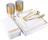 focusline 175 piece gold dinnerware set for 25 guests - elegant square plastic plates, gold plastic silverware, cups, and linen-like paper napkins - disposable dinnerware set logo