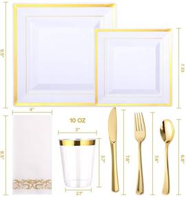 img 3 attached to FOCUSLINE 175 Piece Gold Dinnerware Set for 25 Guests - Elegant Square Plastic Plates, Gold Plastic Silverware, Cups, and Linen-Like Paper Napkins - Disposable Dinnerware Set