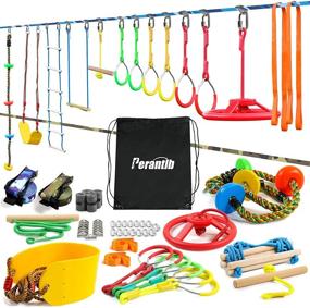 img 4 attached to 🧒 Kids Ninja Warrior Obstacle Course - 2 x 50' Ninja Slackline with 12 Accessories: Swings, Rope Ladders, Rings, Ninja Rings, and more