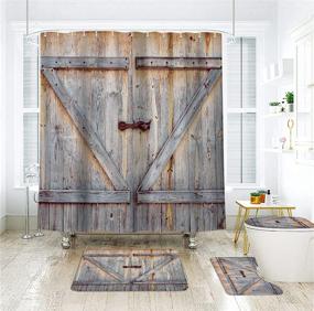 img 2 attached to Riyidecor Wood Barn Door Shower Curtain and Bathroom Rug Set - 🚪 Rustic Farmhouse Bath Decor with Metal Hooks, Plank Wooden Design, and Nonslip Mats