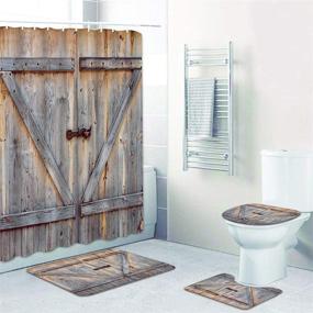 img 4 attached to Riyidecor Wood Barn Door Shower Curtain and Bathroom Rug Set - 🚪 Rustic Farmhouse Bath Decor with Metal Hooks, Plank Wooden Design, and Nonslip Mats