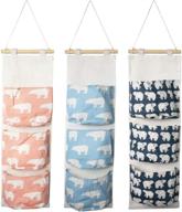 🧺 creatiee 3pcs wall hanging storage bag: waterproof over the door closet organizer with 3 pockets - linen cotton fabric hanging pocket organizer for bedroom bathroom логотип