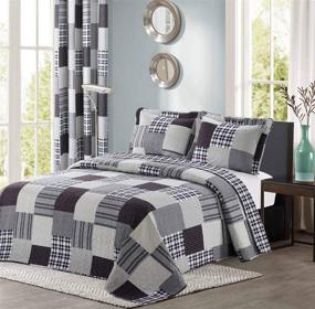 img 4 attached to 🛏️ All American Collection Black and Grey Modern Plaid King/Cal King Size Bedspread and Pillow Sham Set with Matching Curtains