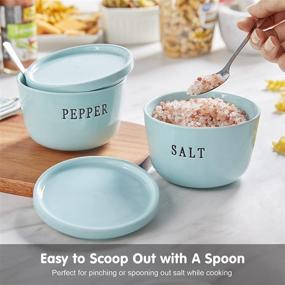 img 1 attached to 🍽️ 10 oz Ceramic Salt and Pepper Container Set - ALELION Large Salt and Pepper Bowls with Lid for Countertop, Teal Kitchen Decor, Dishwasher Safe, Set of 2, Salt Box for Kitchen