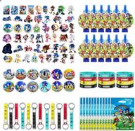 nlus sonic party favors: 110 pcs birthday supplies, ideal for classroom rewards and christmas prizes for boys and girls. includes gift bag, bracelets, key chains, button pins, stickers, and whistles logo