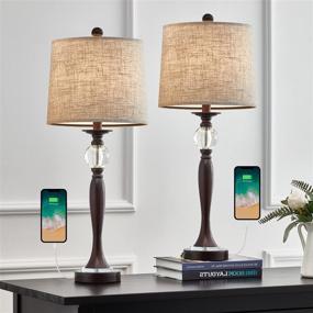 img 3 attached to 🪔 Set of 2 Modern USB Metal Crystal Table Lamps 28'' for Living Room, Bedroom, Nightstand, or Desk (Brown)