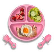 bpa free baby suction plate with self-feeding spoon fork - self-training utensil set for babies toddlers, pink logo