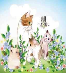 img 1 attached to 🐱 Ambesonne Cat Duvet Cover Set, Happy Cats Family of Kittens in Flower Meadow Field with Butterfly Cartoon Print, Decorative 3 Piece Bedding Set including 2 Pillow Shams, Queen Size, Blue Beige