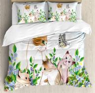 🐱 ambesonne cat duvet cover set, happy cats family of kittens in flower meadow field with butterfly cartoon print, decorative 3 piece bedding set including 2 pillow shams, queen size, blue beige logo