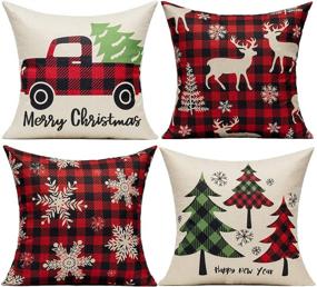 img 4 attached to 🎄 Farmhouse Buffalo Check Christmas Throw Pillow Covers - Red Green Plaids Decorative Cushion Cases for Winter Tree Deer Snowflake Truck Holiday Home Decorations - Couch Porch Outdoor 18x18 Set of 4