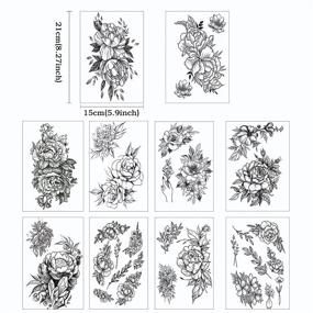 img 3 attached to 🌸 Set of 22 Large 3D Flowers Temporary Tattoo Stickers for Women - Includes 10 Sheets of Black Rose Peony Flowers - Waterproof Fake Tattoos for Body Art, Arm Sketch, Women, and Girls