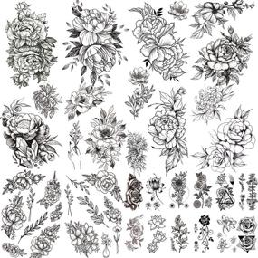 img 4 attached to 🌸 Set of 22 Large 3D Flowers Temporary Tattoo Stickers for Women - Includes 10 Sheets of Black Rose Peony Flowers - Waterproof Fake Tattoos for Body Art, Arm Sketch, Women, and Girls