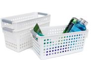 📦 honla slim plastic storage baskets bins organizer with gray handles - set of 3, white - enhanced seo logo