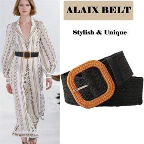 img 3 attached to 👗 Stylish ALAIX Women's Dress Belt: Fashionable Straw Woven Stretchy Waistband with Wood Wide Buckle for Pants Jumpsuit