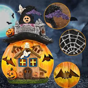 img 3 attached to 🎃 Resin Halloween Decor Jack O Lanterns - 12 Inch Tall, Battery or USB Powered, Pumpkin House Statue with Witch Hat - Indoor Light & Night Table Lamp for Bedroom, House