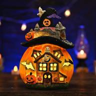 🎃 resin halloween decor jack o lanterns - 12 inch tall, battery or usb powered, pumpkin house statue with witch hat - indoor light & night table lamp for bedroom, house логотип