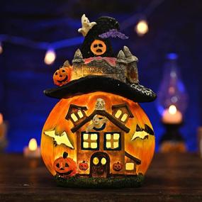 img 4 attached to 🎃 Resin Halloween Decor Jack O Lanterns - 12 Inch Tall, Battery or USB Powered, Pumpkin House Statue with Witch Hat - Indoor Light & Night Table Lamp for Bedroom, House