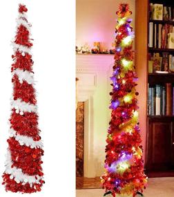 img 4 attached to 🎄 OurWarm 5ft Pop Up Tinsel Christmas Tree: Collapsible & Stunningly Lit! Perfect for Holiday Xmas Home Decoration (White & Red)