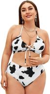 🐮 plus-size cow print 2 piece swimsuit for women: criss cross halter bikini bathing suit by romwe logo