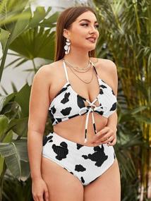 img 1 attached to 🐮 Plus-Size Cow Print 2 Piece Swimsuit for Women: Criss Cross Halter Bikini Bathing Suit by Romwe