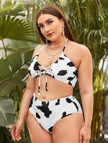 img 2 attached to 🐮 Plus-Size Cow Print 2 Piece Swimsuit for Women: Criss Cross Halter Bikini Bathing Suit by Romwe