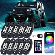 🌈 rgb led rock lights, 10 pods with 150 leds, app & rf control, waterproof and multi-color neon underglow, compatible with jeep off-road vehicles, utvs, atvs, and trucks. includes 4 extra extension cords. logo