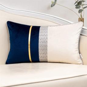 img 4 attached to 🛋️ Velvet Lumbar Pillow Cover - Navy Blue Patchwork with Gold Striped Leather Cushion Case - Modern Luxury Pillowcase for Sofa Couch Bedroom Living Room Home Decor - 12x20 inches