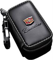 🔑 cadillac car key case - genuine leather keychain holder with metal hook and keyring, zipper bag included logo
