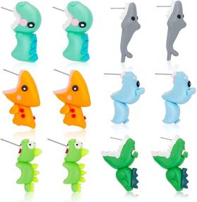 img 4 attached to 🦖 6 Cute Animal Bite Earrings - 3D Polymer Clay Dinosaur, Shark, Hippo Funny Studs for Girls and Women