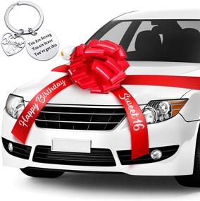 img 4 attached to 🎀 Sweet 16 Car Bow and Ribbon Set: 20" Happy Birthday Car Bow with 20ft Car Ribbon, Sweet Keychain Included