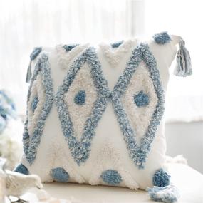 img 4 attached to MARSAULE Blue Boho Throw Pillow Covers: Tufted Cotton Woven Square Pillowcases with Tassels for Couch, Sofa Bed, Farmhouse Décor - 18x18 Inch