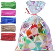 🎉 iridescent holographic cellophane party favor treat bags: 100 pack with twist ties - perfect for themed celebrations, baby showers, weddings, girls birthday party supplies (5" x 7") logo