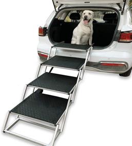 img 4 attached to Wide Foldable Dog Car Stairs with Aluminum Frame - 4 Steps Lightweight & Portable Pet Stairs for Cars, Trucks, and SUVs - The Widest and Deepest Ladder Available - Non-slip Pet Ramp Supports 150 to 200 lbs