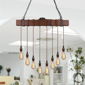 img 2 attached to ⚒️ Modern Farmhouse Pendant Lighting: Industrial Rustic Black Metal and Wood Beam Fixture with 8 E26 Bulb Sockets for Kitchen Island and Dining Room